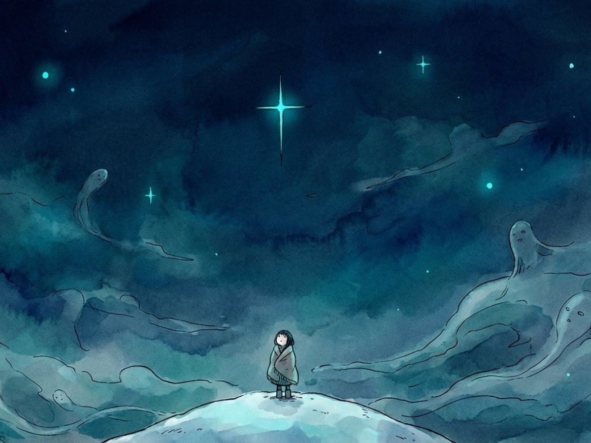 星空の下に立つ人物のイラスト